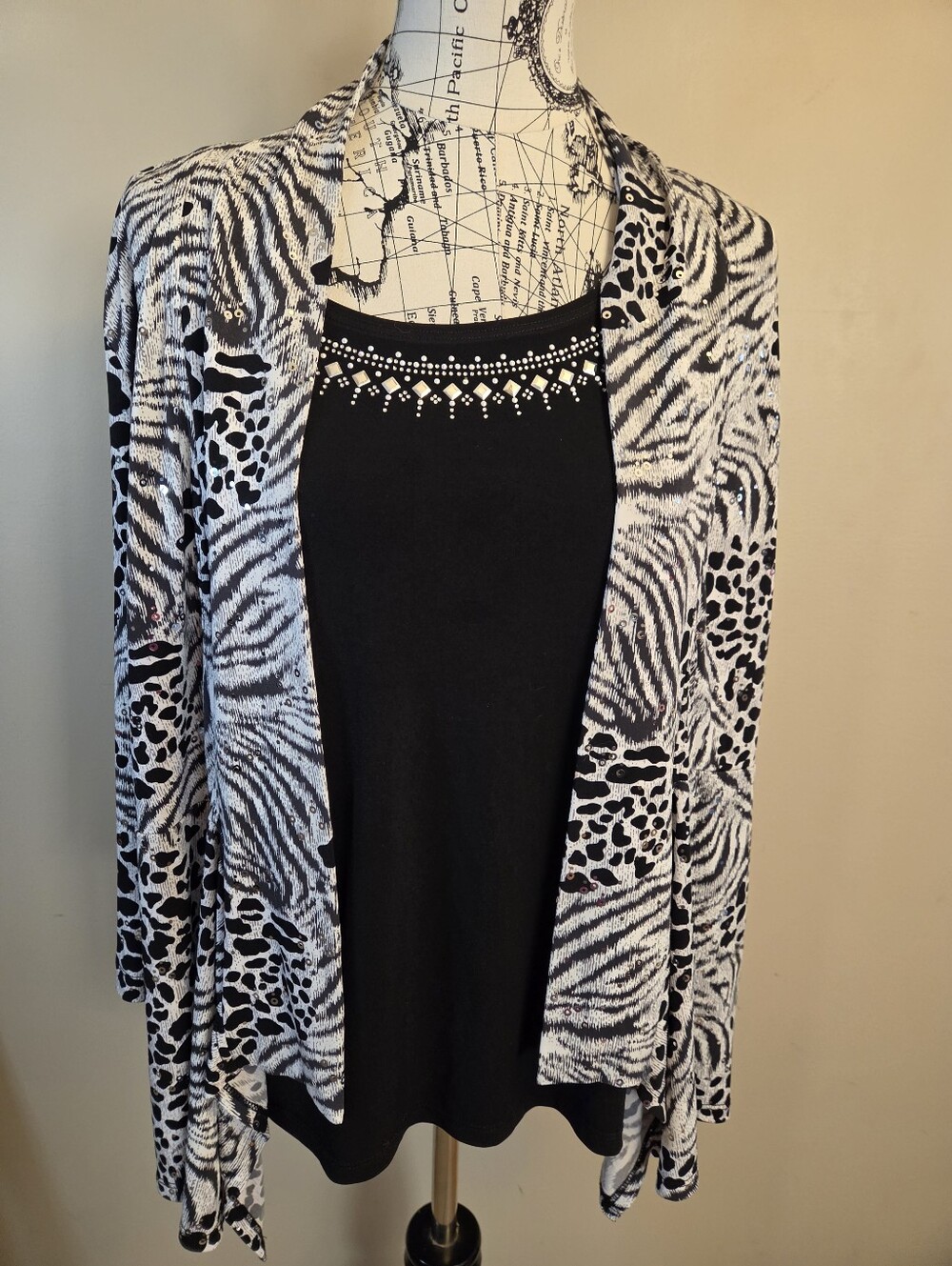 JM Collection Petite XL Zebra Leopard Blouse Sequin Studded 2 Layer Slinky Top P